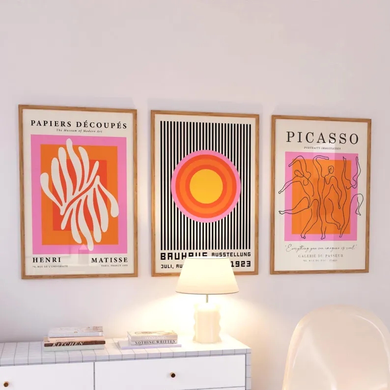 Interior Design Living Room - 3pcsModern Oranje Bauhaus En Picasso Wall